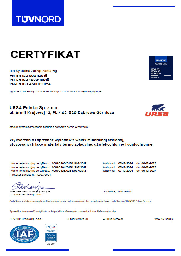 Certifikát URSA ISO