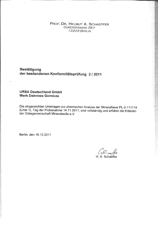 Certifikát URSA RAL DABROWA